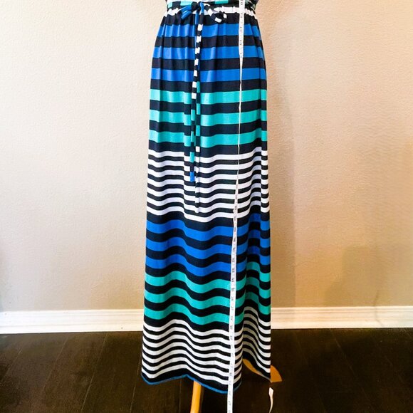 BCX Long Maxi Dress  Ruffled Halter Stretch Multicolor Horizontal Strip S - Picture 6 of 11